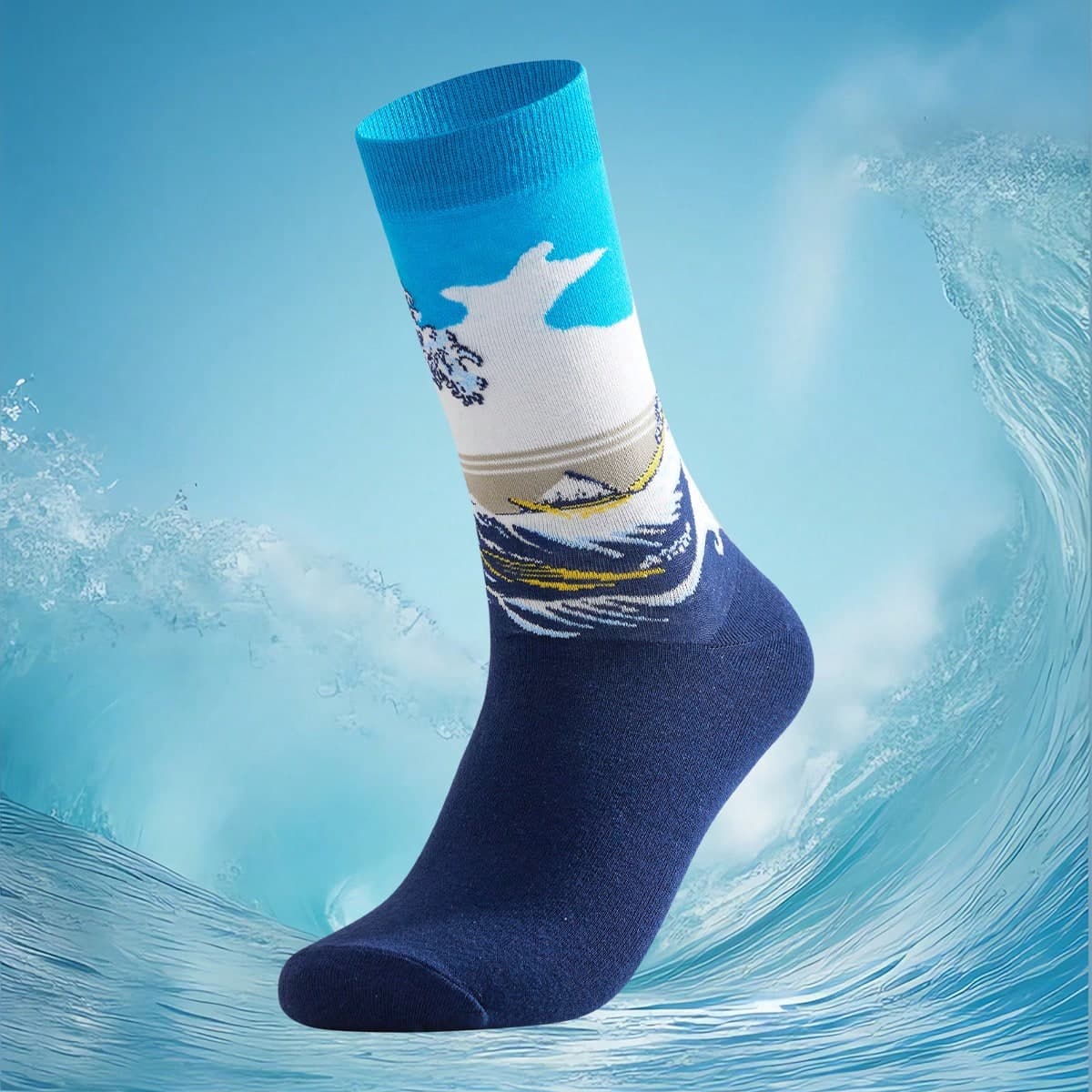 1 Paire Chaussettes mi-mollet unisexe à motif vague et voilier, toute saison, tendance et personnalisée, cadeau de fête, confortable, respirante,